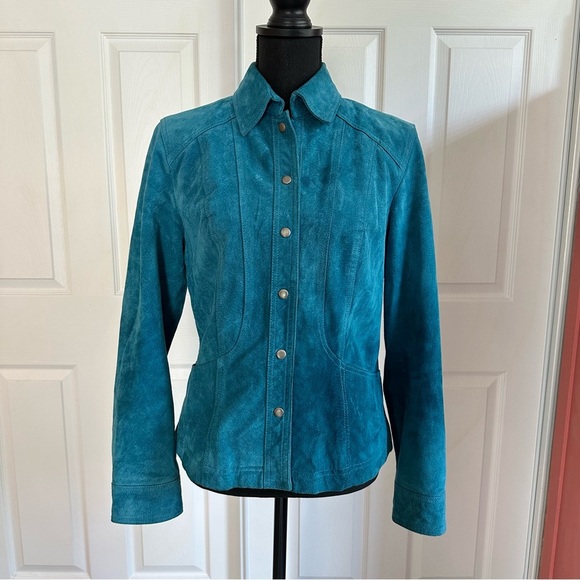 Coldwater Creek Teal Aqua Suede Leather Fitted Jacket - Picture 1 of 6